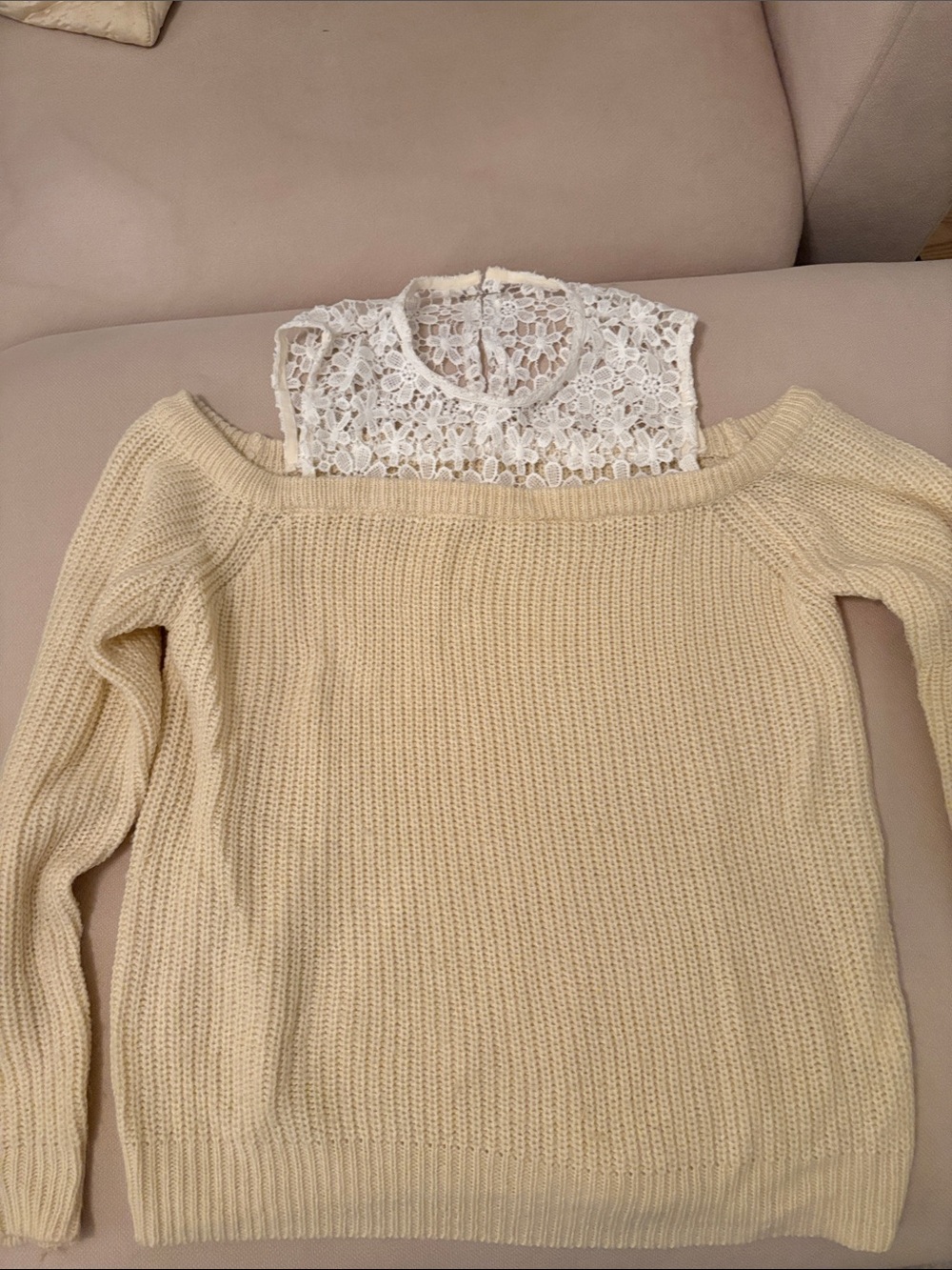 Women’s Cream Off-Shoulder Knit Sweater with Lace Yoke